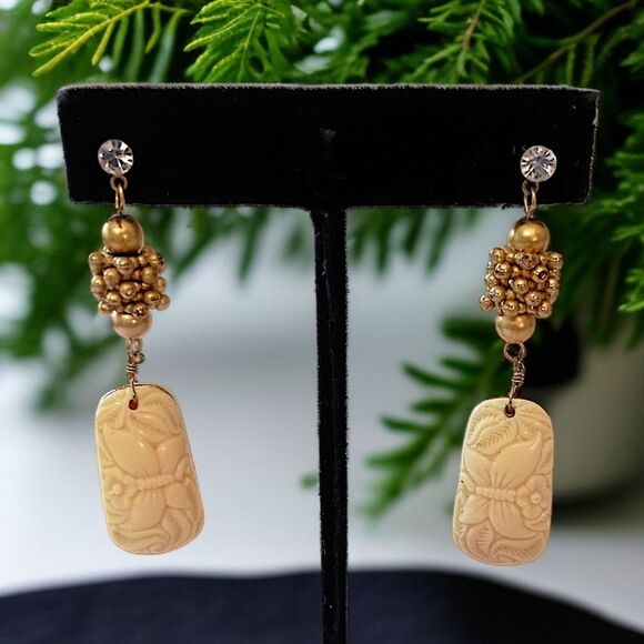 Vintage Carved Celluloid Dangle Earrings Butterfly Cream Gold Tone Rhinestones - Picture 1 of 16
